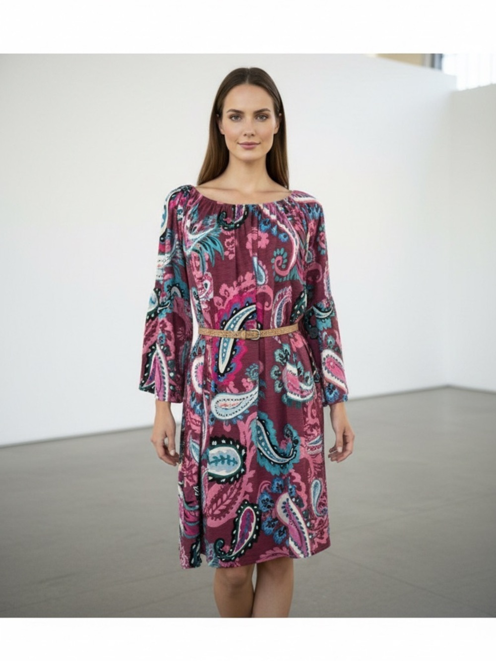 Dear Scarlett Boho Inspired Dress with Rich Paisley Print and 3/4 Bell Sleeves